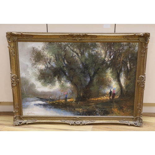 1724 - O. Fontana (late 20th century), oil on canvas, figures by a river, 59 x 89cm