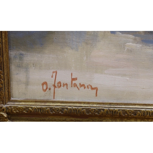 1724 - O. Fontana (late 20th century), oil on canvas, figures by a river, 59 x 89cm