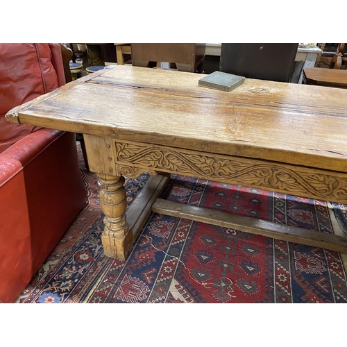 104 - A 17th century and later oak refectory dining table, length 222cm, depth 85cm, height 77cm