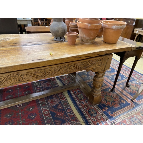 104 - A 17th century and later oak refectory dining table, length 222cm, depth 85cm, height 77cm