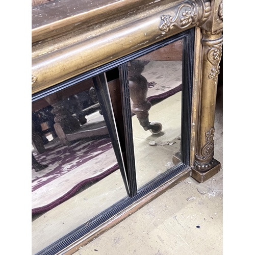 110 - A Regency giltwood and gesso triple plate overmantel mirror, width 111cm, height 50cm