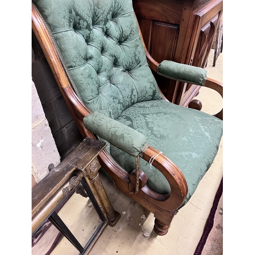 111 - A Victorian mahogany upholstered open armchair, width 56cm, depth 81cm, height 96cm