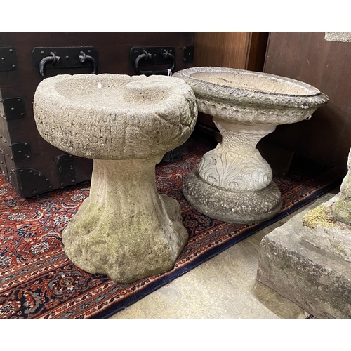 1 - Two reconstituted stone bird baths, larger diameter 47cm and height 36cm