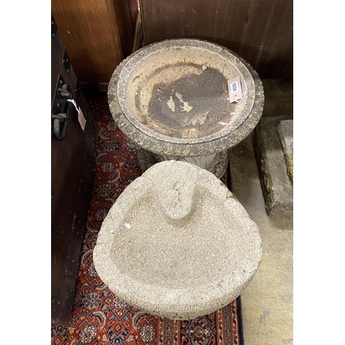 1 - Two reconstituted stone bird baths, larger diameter 47cm and height 36cm