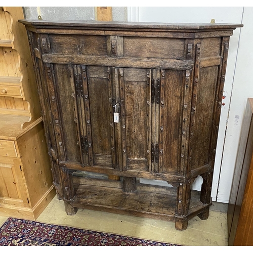 137 - A 17th century style panelled oak side cabinet constructed from old timber, width 157cm, depth 29cm,... 