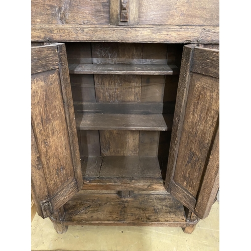 137 - A 17th century style panelled oak side cabinet constructed from old timber, width 157cm, depth 29cm,... 