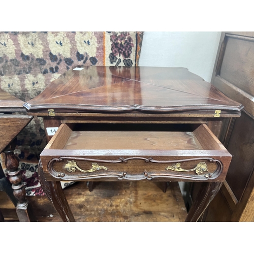 14 - A late Victorian mahogany envelope card table, width 51cm, depth 51cm, height 75cm