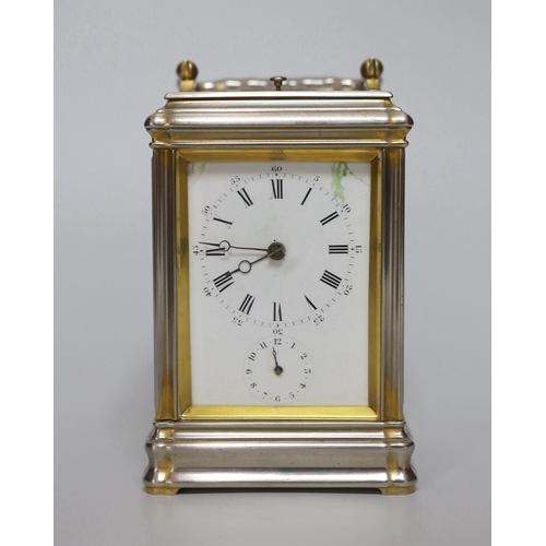 252 - A gorge-cased repeating carriage clock with enamel dial, numbered 15446 to the base, 16cm high, in t... 