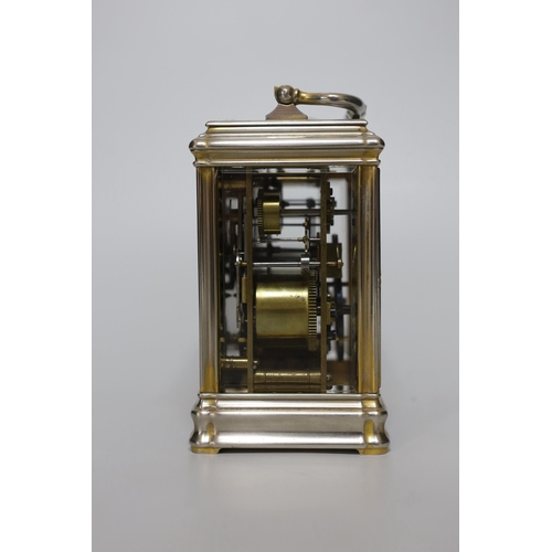 252 - A gorge-cased repeating carriage clock with enamel dial, numbered 15446 to the base, 16cm high, in t... 