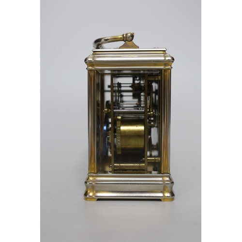 252 - A gorge-cased repeating carriage clock with enamel dial, numbered 15446 to the base, 16cm high, in t... 