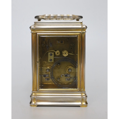 252 - A gorge-cased repeating carriage clock with enamel dial, numbered 15446 to the base, 16cm high, in t... 