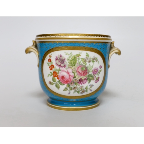 255 - A Minton cache pot in Sevres style, painted with flowers on a turquoise ground, 11cm high