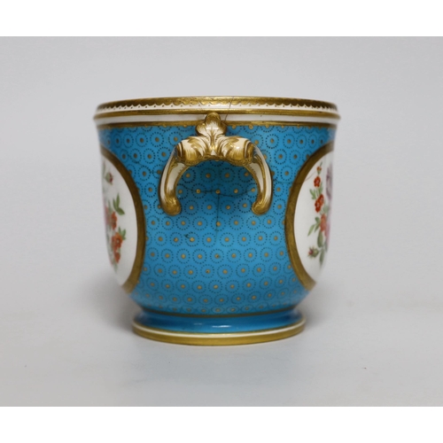 255 - A Minton cache pot in Sevres style, painted with flowers on a turquoise ground, 11cm high