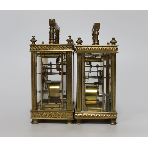 256 - Two early 20th century brass carriage timepieces, one with silvered dial, the largest 15cm high... 