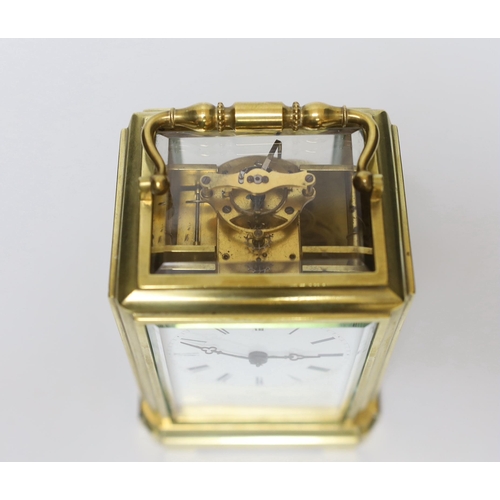 263 - A Henry Marc French brass carriage clock with enamel dial, Japy Freres movement numbered 26934, 13.5... 