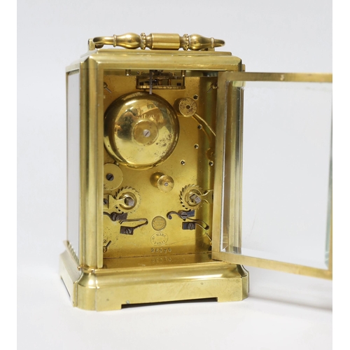 263 - A Henry Marc French brass carriage clock with enamel dial, Japy Freres movement numbered 26934, 13.5... 