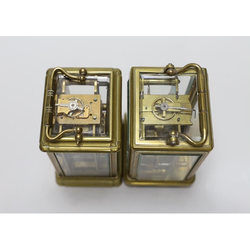 267 - Two French brass carriage clocks, one Leroy et Fils, Palais Royale, 14cm