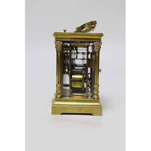 271 - An early 20th century brass repeating carriage clock with silvered dial, 16cm high