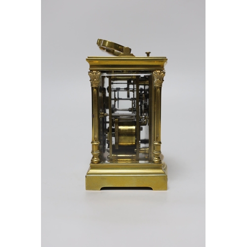 271 - An early 20th century brass repeating carriage clock with silvered dial, 16cm high