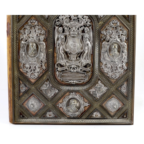 274 - A Victorian silver, parcel gilt and ebony mounted velvet illuminated album, presented to the Right H... 