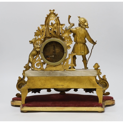 275 - A French gilt-metal and onyx mantel clock, on shaped base, a.f., 52cm high