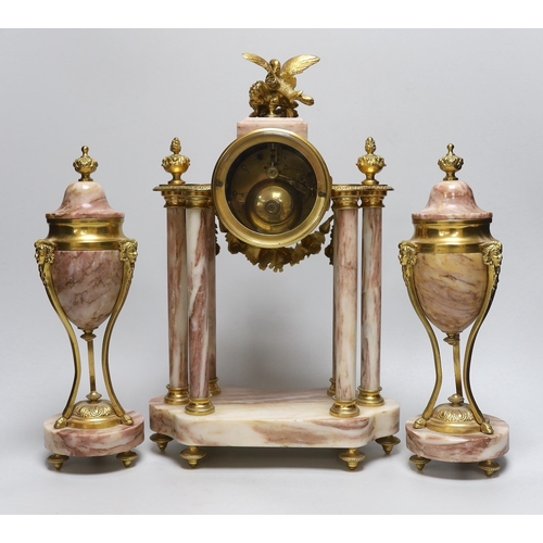 280 - An early 20th century French gilt-metal and marble clock garniture, 38cm high