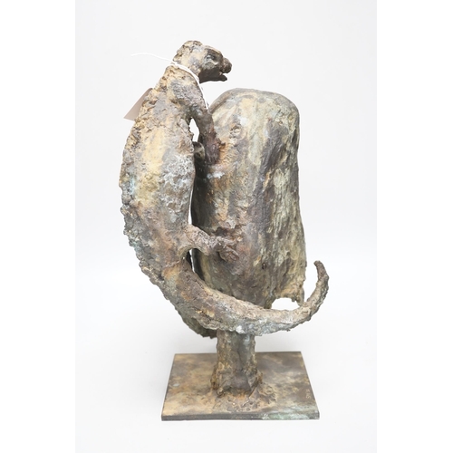 294 - A patinated bronze, two lizards scaling a rock, raised on a square base, monogrammed SMV and dated 1... 