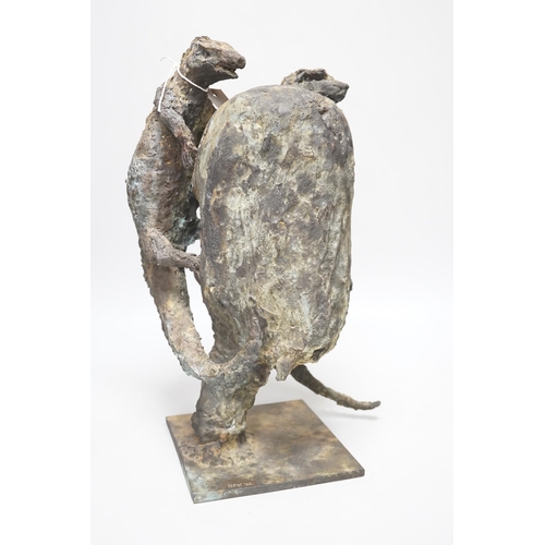 294 - A patinated bronze, two lizards scaling a rock, raised on a square base, monogrammed SMV and dated 1... 