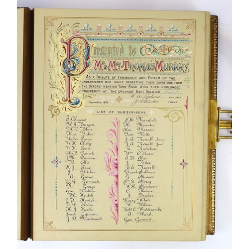 305 - An ornate Victorian boxed presentation photograph album, presented to Mr & Mrs Thomas Murray, on the... 