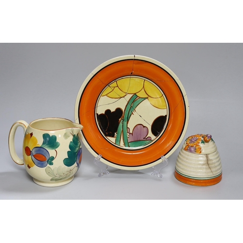 306 - An early Clarice Cliff Fantasque plate, a Clarice Cliff honey pot and a Gray's jug, a.f.