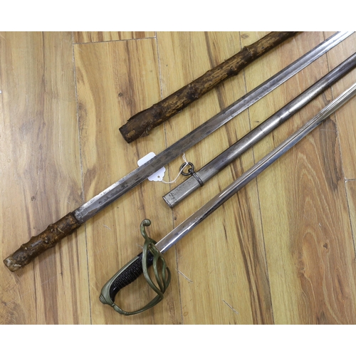 315 - A late 19th century dress sword, 87cm blade, and a bamboo-effect sword stick