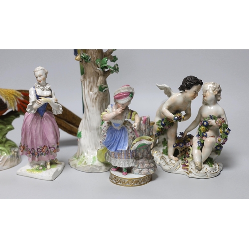 317 - An 18th century Meissen figure group, 16cm, two 19th century Meissen figures, German cockatoo, and a... 