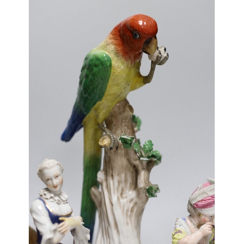 317 - An 18th century Meissen figure group, 16cm, two 19th century Meissen figures, German cockatoo, and a... 