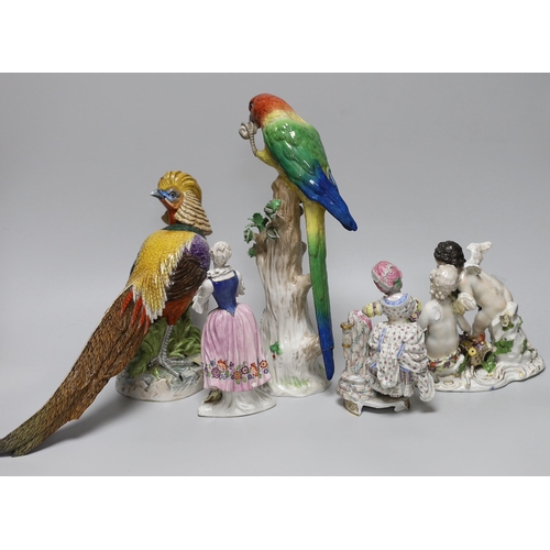 317 - An 18th century Meissen figure group, 16cm, two 19th century Meissen figures, German cockatoo, and a... 