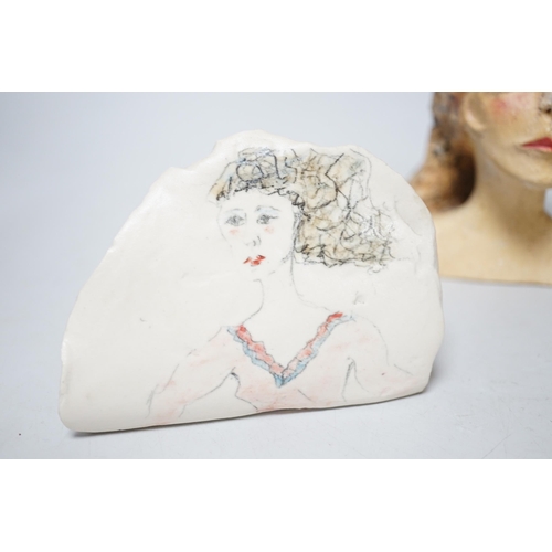 322 - Coral Pearson-Revel (New Zealand) - three works - a painted terracotta head and shoulders of a woman... 