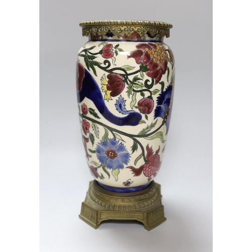 325 - A Zsolnay Pecs brass mounted vase decorated with a peacock amongst flowers, 30cm high