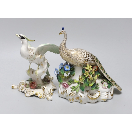 326 - A King Street Derby peacock, 17cm, and a Royal Crown Derby bird