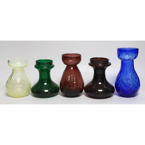 333 - Five coloured glass bulb vases including one opalescent, largest 18cm high