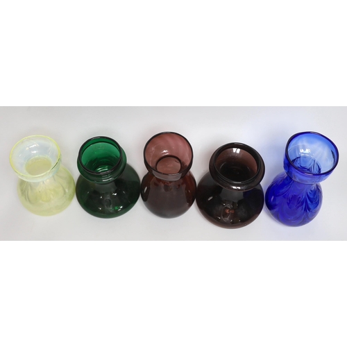 333 - Five coloured glass bulb vases including one opalescent, largest 18cm high