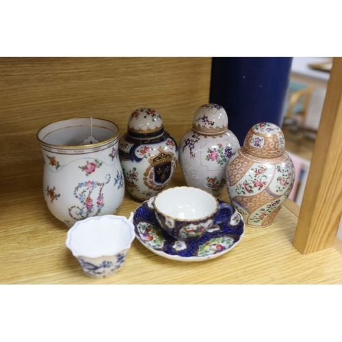 335 - Samson-type porcelain tableware including baluster mug, 12.5cm high, and a Dresden lobed cup