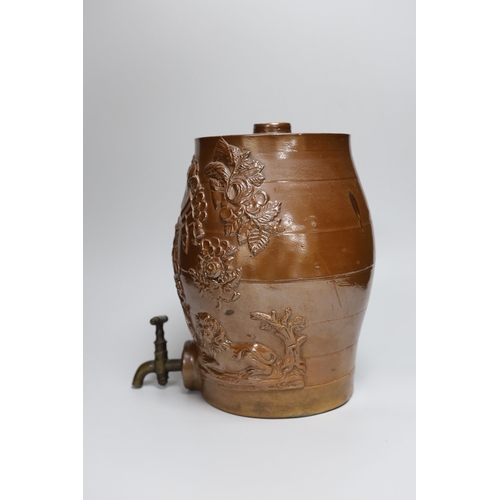 337 - A mid 19th century Brampton brown salt glazed stoneware two gallon spirit barrel, moulded with the a... 