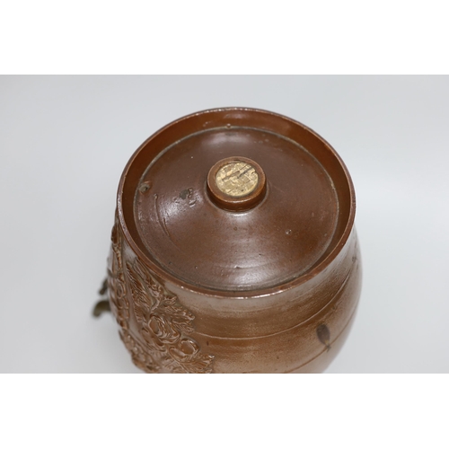 337 - A mid 19th century Brampton brown salt glazed stoneware two gallon spirit barrel, moulded with the a... 