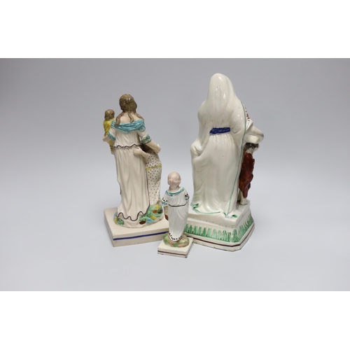 339 - An early 19th century Staffordshire tinted biscuit stoneware figure of a mother with children, emble... 