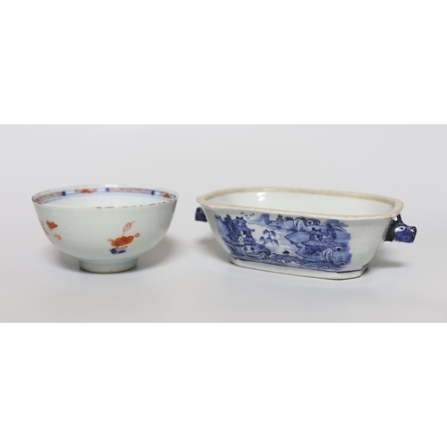 343 - An 18th century Chinese export tureen (lacking cover) and an Imari pallet bowl (2)