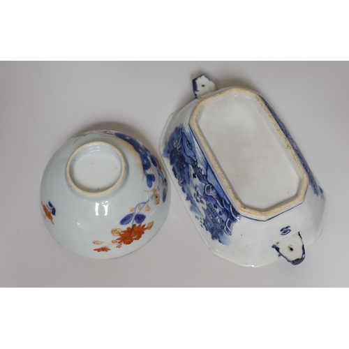 343 - An 18th century Chinese export tureen (lacking cover) and an Imari pallet bowl (2)