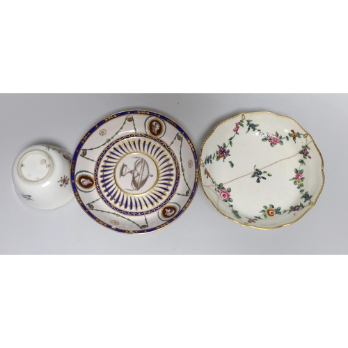 347 - A Chelsea red anchor teabowl and coffee cup, c.1755, a Bow coffee cup, c.1760, a Derby Portrait meda... 