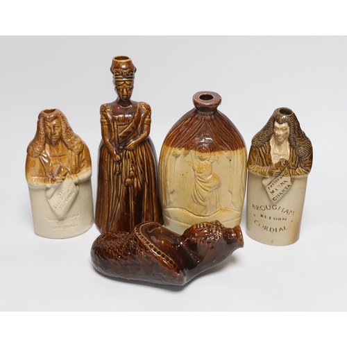 349 - A collection of five salt glazed stoneware gin flasks, including:- 'Lord Brougham - The True Spirit ... 