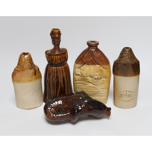 349 - A collection of five salt glazed stoneware gin flasks, including:- 'Lord Brougham - The True Spirit ... 