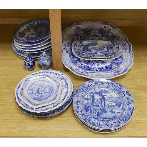 355 - An early 19th century John Meir and Sons blue and white printed 'Fairy Villas' meat dish together wi... 