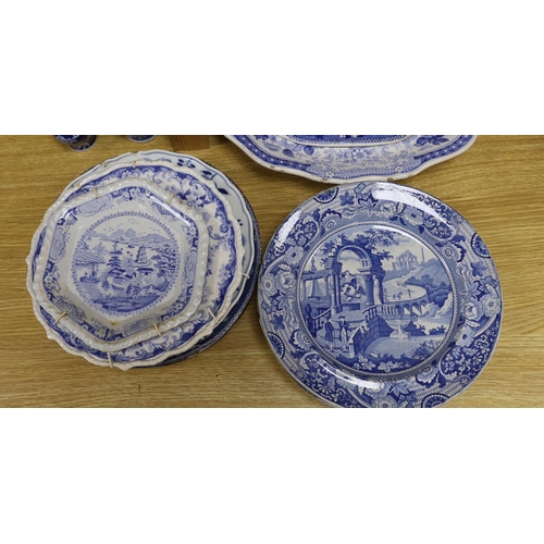 355 - An early 19th century John Meir and Sons blue and white printed 'Fairy Villas' meat dish together wi... 